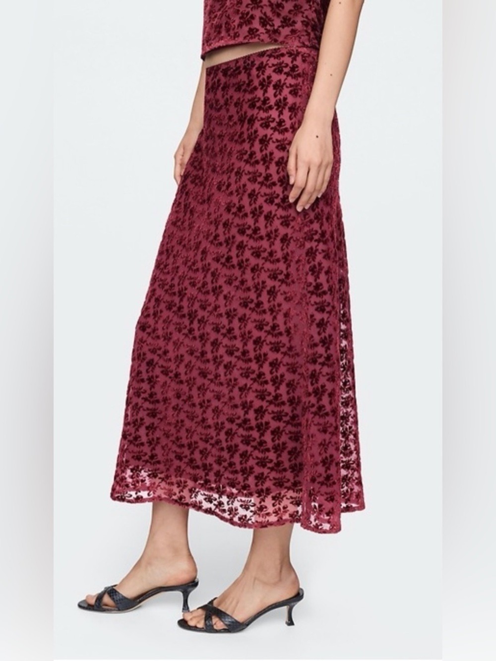 Gap Velvet Burnout Midi Skirt Fairy Grunge Dark Romantic Merlot Whimsigoth NEW - Picture 3 of 4